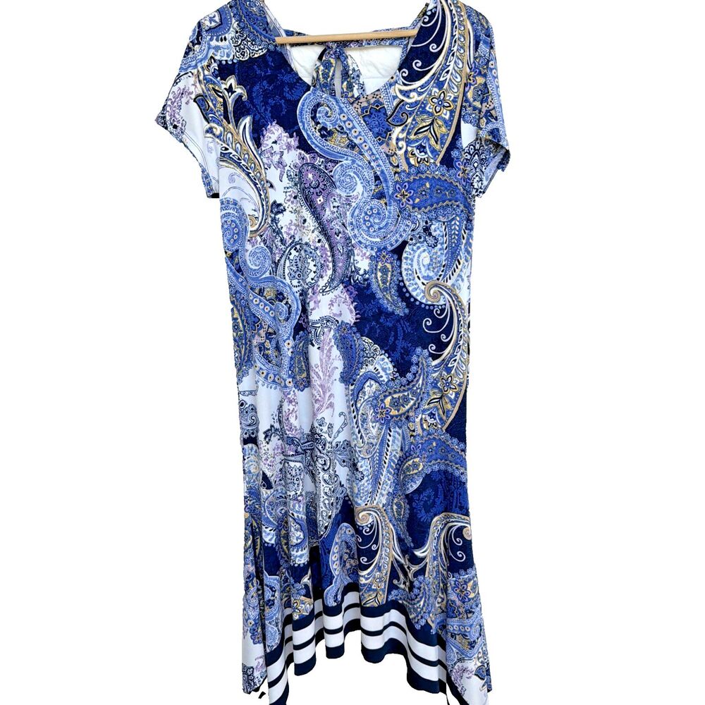 Chico's Stretch Jersey Blue Paisley Print Asymmetrical Shift Dress Size 1